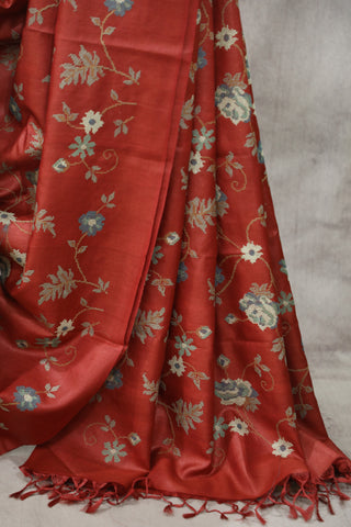 Red Embroidered Tussar Silk Saree - SRRETSS891