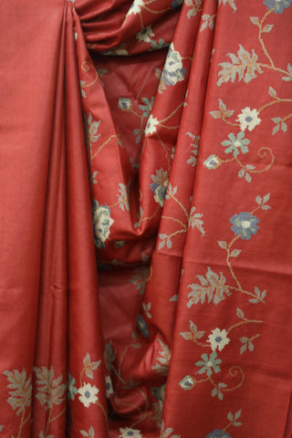 Red Embroidered Tussar Silk Saree - SRRETSS891