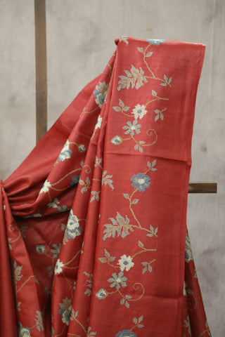 Red Embroidered Tussar Silk Saree - SRRETSS891