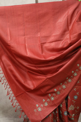 Red Embroidered Tussar Silk Saree - SRRETSS891