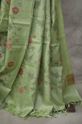 Pastel Green Embroidered Tussar Silk Saree - SRPGETSS893