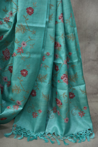 Aqua Embroidered Tussar Silk Saree - SRAETSS892