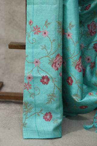 Aqua Embroidered Tussar Silk Saree - SRAETSS892