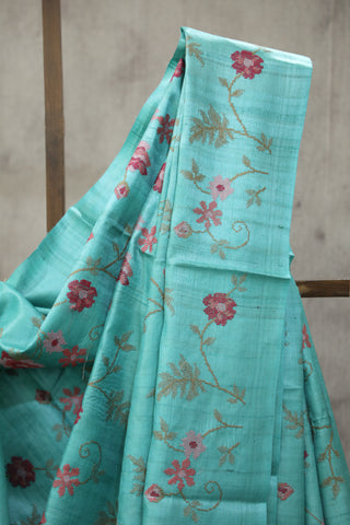 Aqua Embroidered Tussar Silk Saree - SRAETSS892