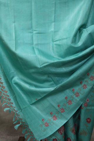 Aqua Embroidered Tussar Silk Saree - SRAETSS892