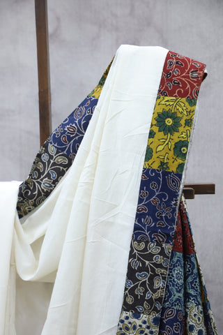 White Cotton Patchwork Saree-SRWCPWS170