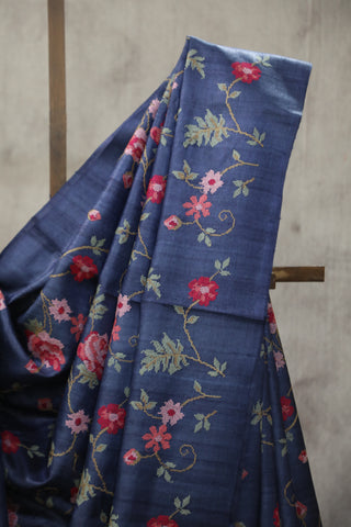 Blue Embroidered Tussar Silk Saree - SRBETSS889