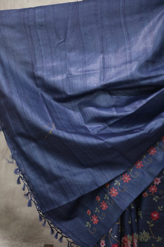 Blue Embroidered Tussar Silk Saree - SRBETSS889