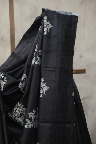 Black Embroidered Tussar Silk Saree - SRBETSS888