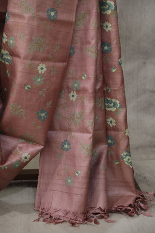 Mauve Embroidered Tussar Silk Saree - SRMETSS887