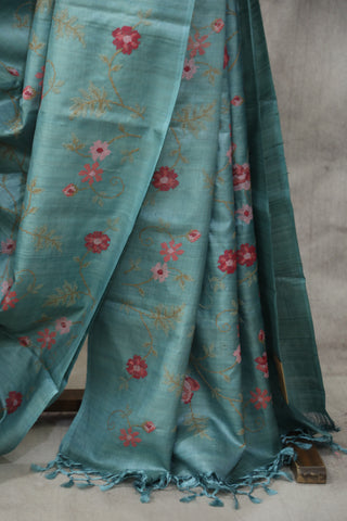 Teal Embroidered Tussar Silk Saree - SRTETSS885