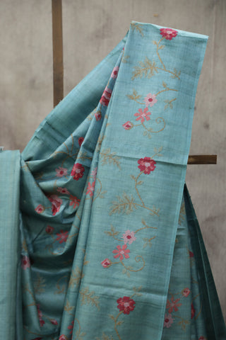 Teal Embroidered Tussar Silk Saree - SRTETSS885