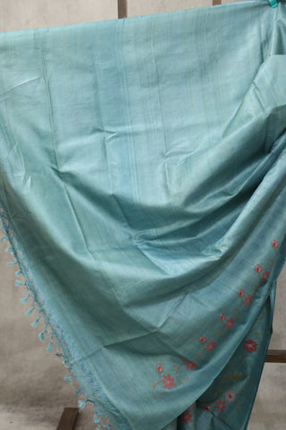 Teal Embroidered Tussar Silk Saree - SRTETSS885