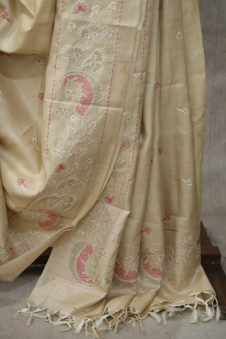 Cream Machine Embroidered Tussar Silk Saree - SRCMETSS919