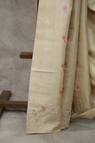 Cream Machine Embroidered Tussar Silk Saree - SRCMETSS919