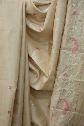 Cream Machine Embroidered Tussar Silk Saree - SRCMETSS919