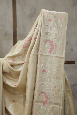 Cream Machine Embroidered Tussar Silk Saree - SRCMETSS919