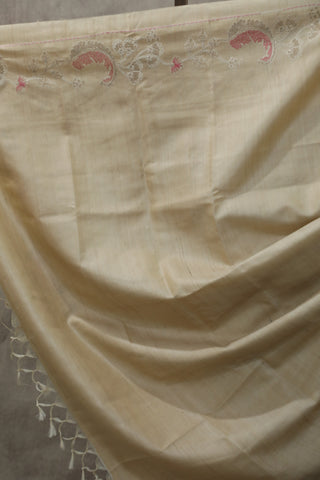 Cream Machine Embroidered Tussar Silk Saree - SRCMETSS919