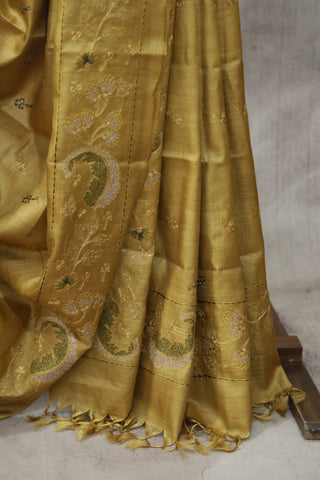 Gold Machine Embroidered Tussar Silk Saree - SRGMETSS923