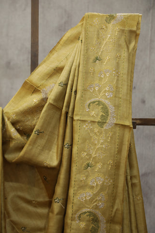 Gold Machine Embroidered Tussar Silk Saree - SRGMETSS923