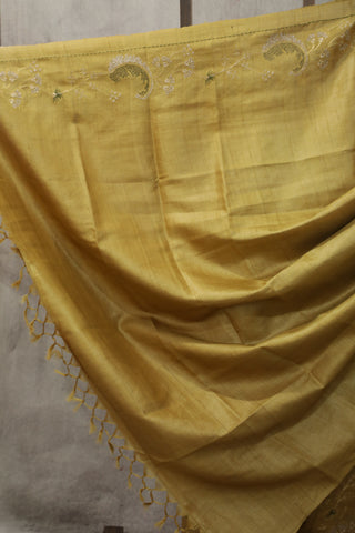 Gold Machine Embroidered Tussar Silk Saree - SRGMETSS923