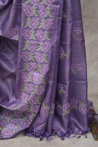 Purple Machine Embroidered Tussar Silk Saree - SRPMETSS920