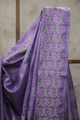 Purple Machine Embroidered Tussar Silk Saree - SRPMETSS920