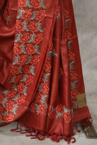 Red Machine Embroidered Tussar Silk Saree - SRRMETSS921