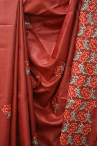 Red Machine Embroidered Tussar Silk Saree - SRRMETSS921