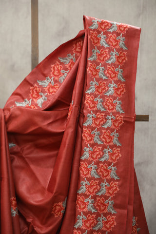 Red Machine Embroidered Tussar Silk Saree - SRRMETSS921