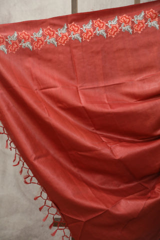 Red Machine Embroidered Tussar Silk Saree - SRRMETSS921