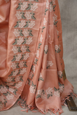 Peach Machine Embroidered Tussar Silk Saree - SRPMETSS932