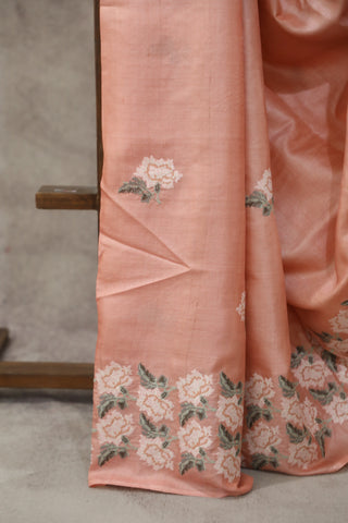 Peach Machine Embroidered Tussar Silk Saree - SRPMETSS932