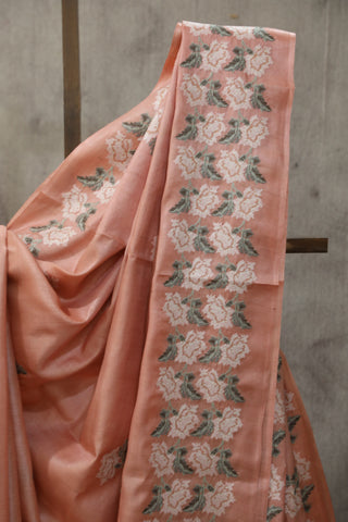 Peach Machine Embroidered Tussar Silk Saree - SRPMETSS932