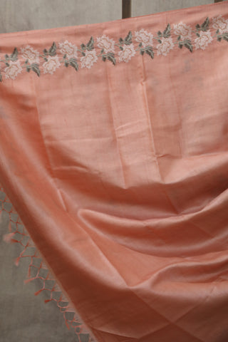 Peach Machine Embroidered Tussar Silk Saree - SRPMETSS932