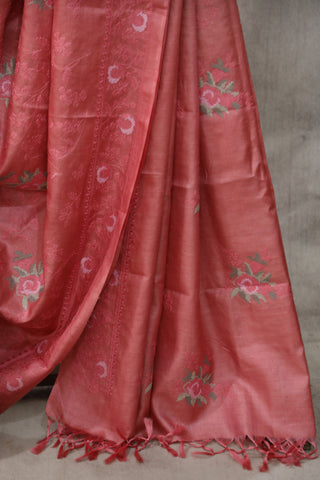 Pink Machine Embroidered Tussar Silk Saree - SRPMETSS915