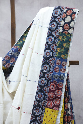 White Cotton Patchwork Saree-SRWCPWS173