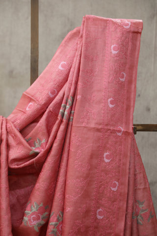 Pink Machine Embroidered Tussar Silk Saree - SRPMETSS915