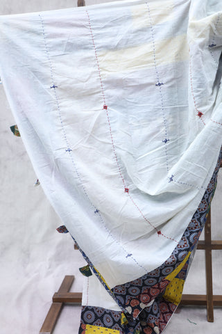 White Cotton Patchwork Saree-SRWCPWS173