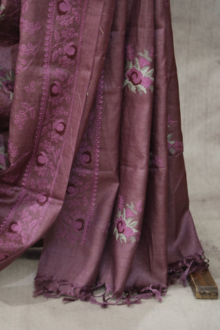 Purple Machine Embroidered Tussar Silk Saree - SRPMETSS916