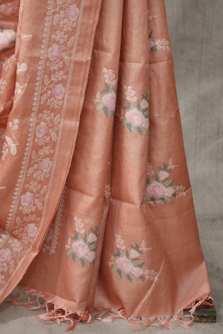 Peach Machine Embroidered Tussar Silk Saree - SRPMETSS922