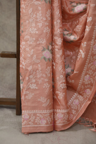 Peach Machine Embroidered Tussar Silk Saree - SRPMETSS922