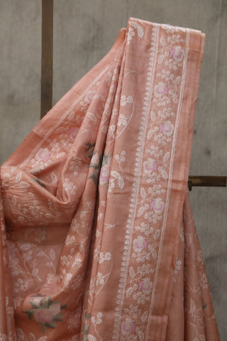 Peach Machine Embroidered Tussar Silk Saree - SRPMETSS922