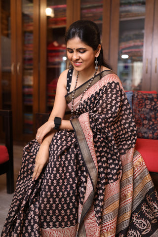 Black HBP Cotton Silk Chanderi Saree With Maheshwari Border -SRBSCS515