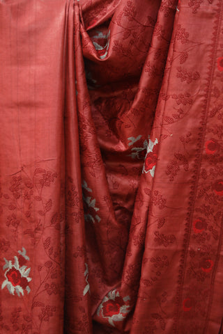 Red Machine Embroidered Tussar Silk Saree - SRRMETSS914