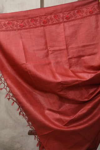 Red Machine Embroidered Tussar Silk Saree - SRRMETSS914