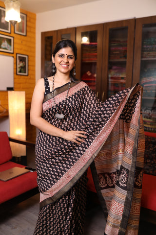 Black HBP Cotton Silk Chanderi Saree With Maheshwari Border -SRBSCS515