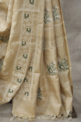 Cream Machine Embroidered Tussar Silk Saree - SRCMETSS911