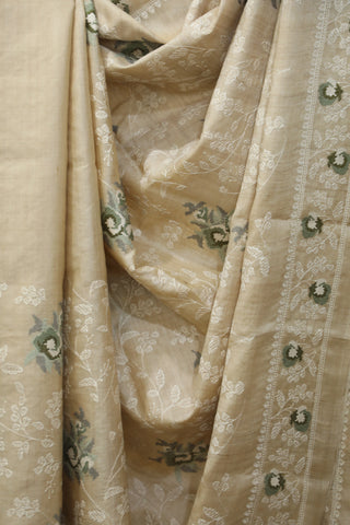 Cream Machine Embroidered Tussar Silk Saree - SRCMETSS911