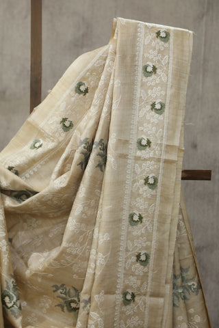 Cream Machine Embroidered Tussar Silk Saree - SRCMETSS911